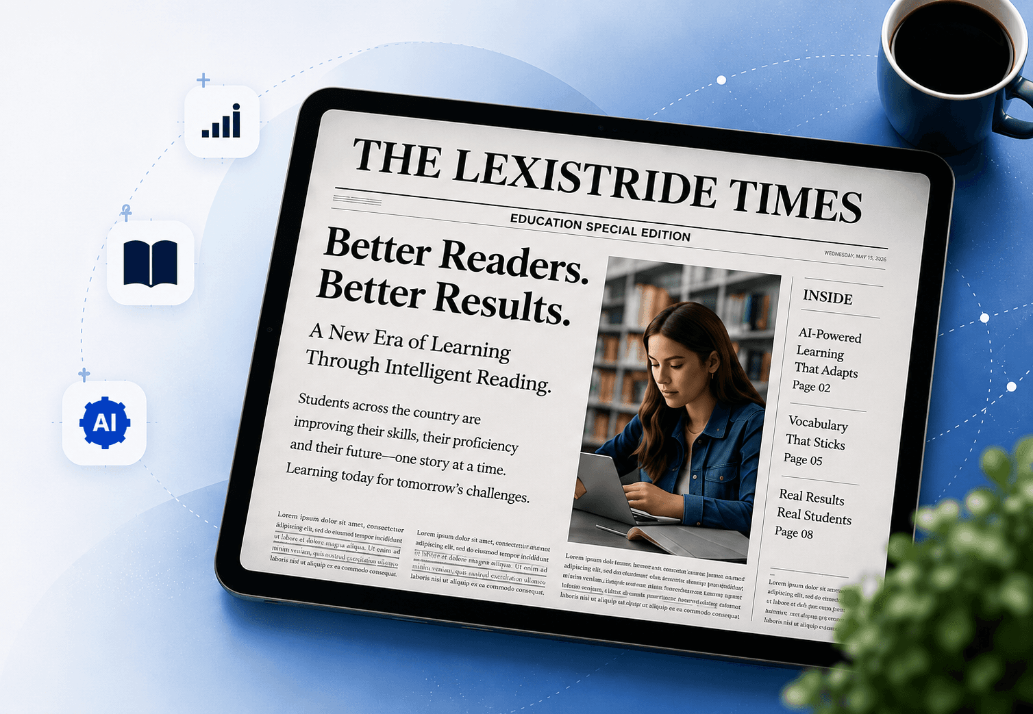 LexiStride newspaper displayed on a tablet